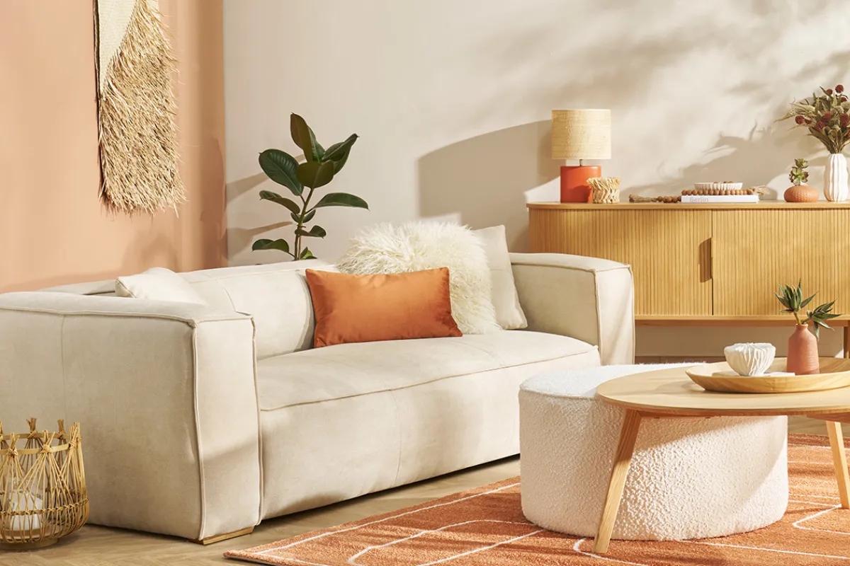 Miliboo Tischleuchte aus Keramik in Terracotta mit Lampenschirm aus naturfarbenem Bast H40 cm TIGA* Tischlampe|Tischlampe
