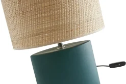 Miliboo Tischleuchte aus Keramik in Petrolblau mit Lampenschirm aus naturfarbenem Bast H40 cm TIGA* Tischlampe|Tischlampe
