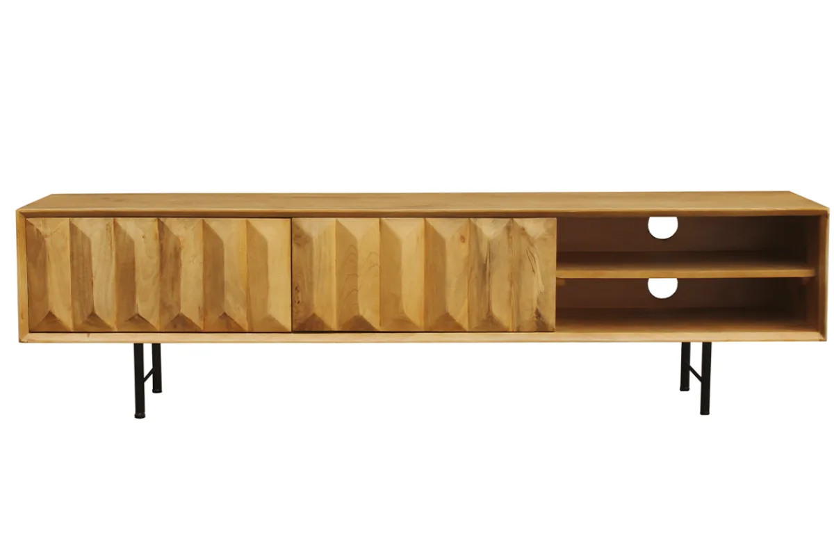 Miliboo TV-Möbel aus hellem massivem Mangoholz mit Relief und schwarzem Metall B160 cm AGRA* Tv-lowboards