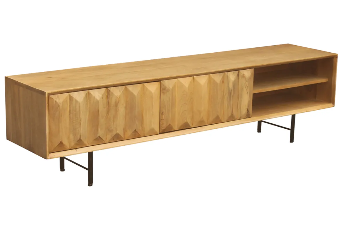 Miliboo TV-Möbel aus hellem massivem Mangoholz mit Relief und schwarzem Metall B160 cm AGRA* Tv-lowboards
