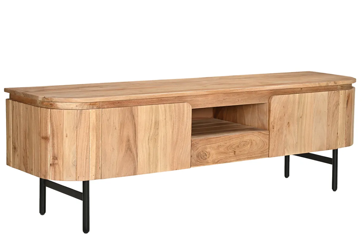 Miliboo TV-Möbel mit Ablagefächern aus Massivholz und schwarzem Metall B160 cm NAPOLI* Tv-lowboards