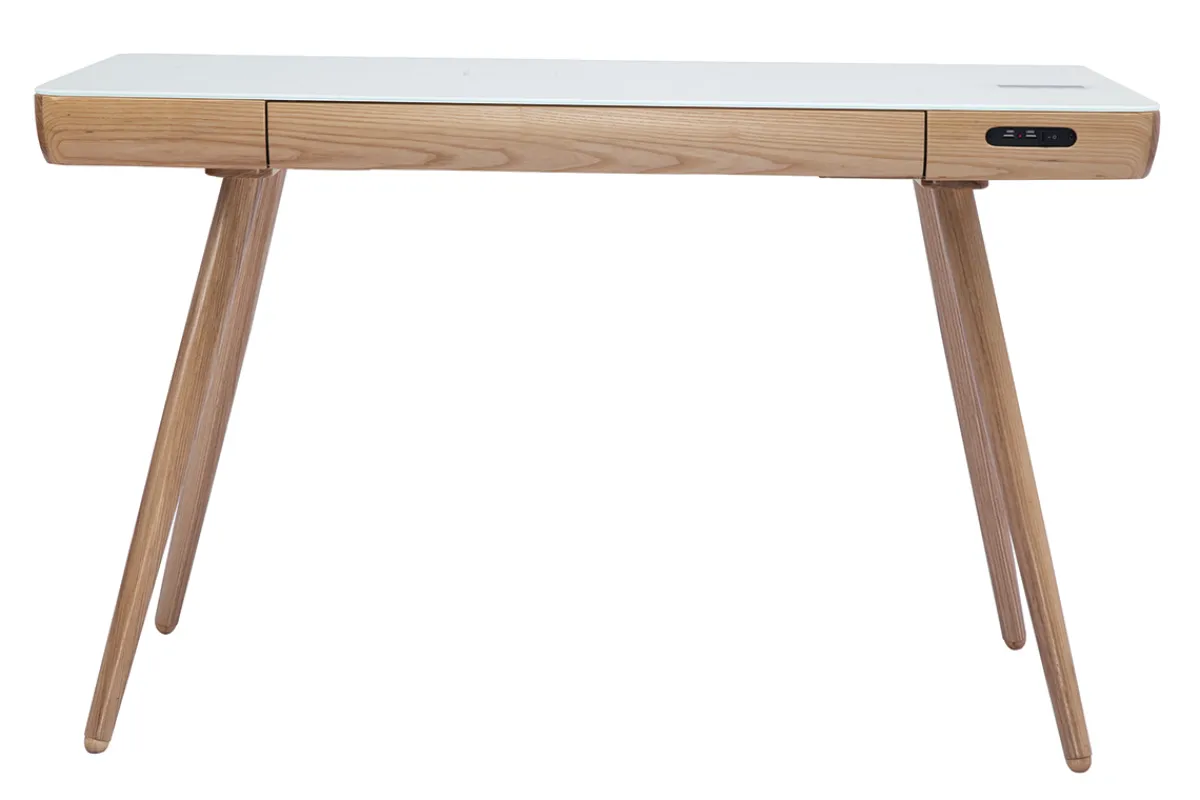 Miliboo Vernetzter Multimedia-Schreibtisch - weißes Glas und helles Holz CLEVER* Design-schreibtische