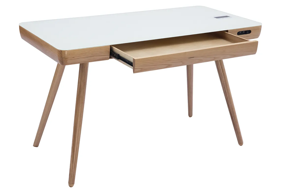 Miliboo Vernetzter Multimedia-Schreibtisch - weißes Glas und helles Holz CLEVER* Design-schreibtische