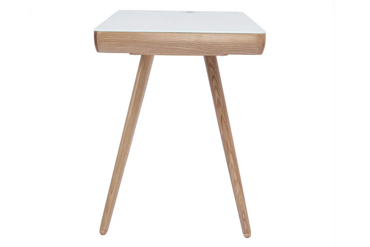 Miliboo Vernetzter Multimedia-Schreibtisch - weißes Glas und helles Holz CLEVER* Design-schreibtische