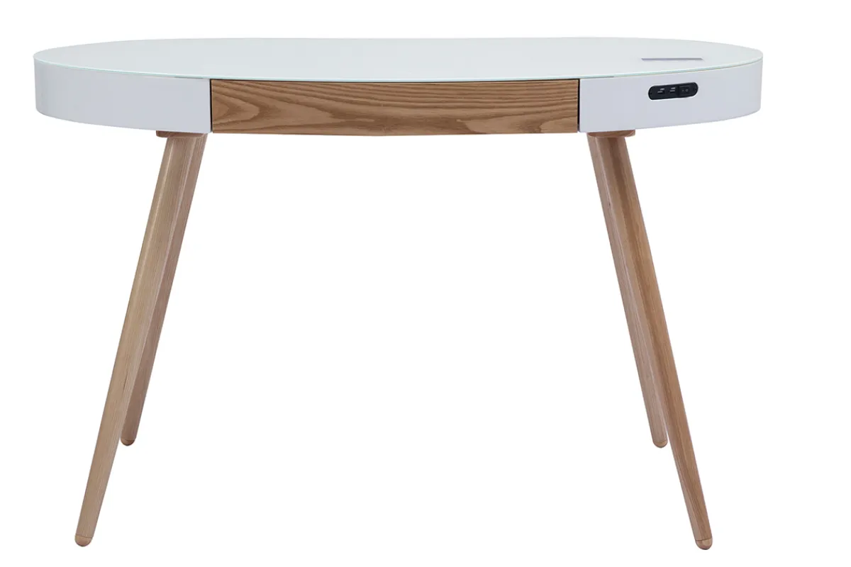 Miliboo Vernetzter Multimedia-Schreibtisch - Glas Weiß und helles Holz HANDY* Design-schreibtische
