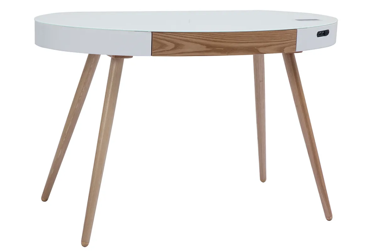 Miliboo Vernetzter Multimedia-Schreibtisch - Glas Weiß und helles Holz HANDY* Design-schreibtische