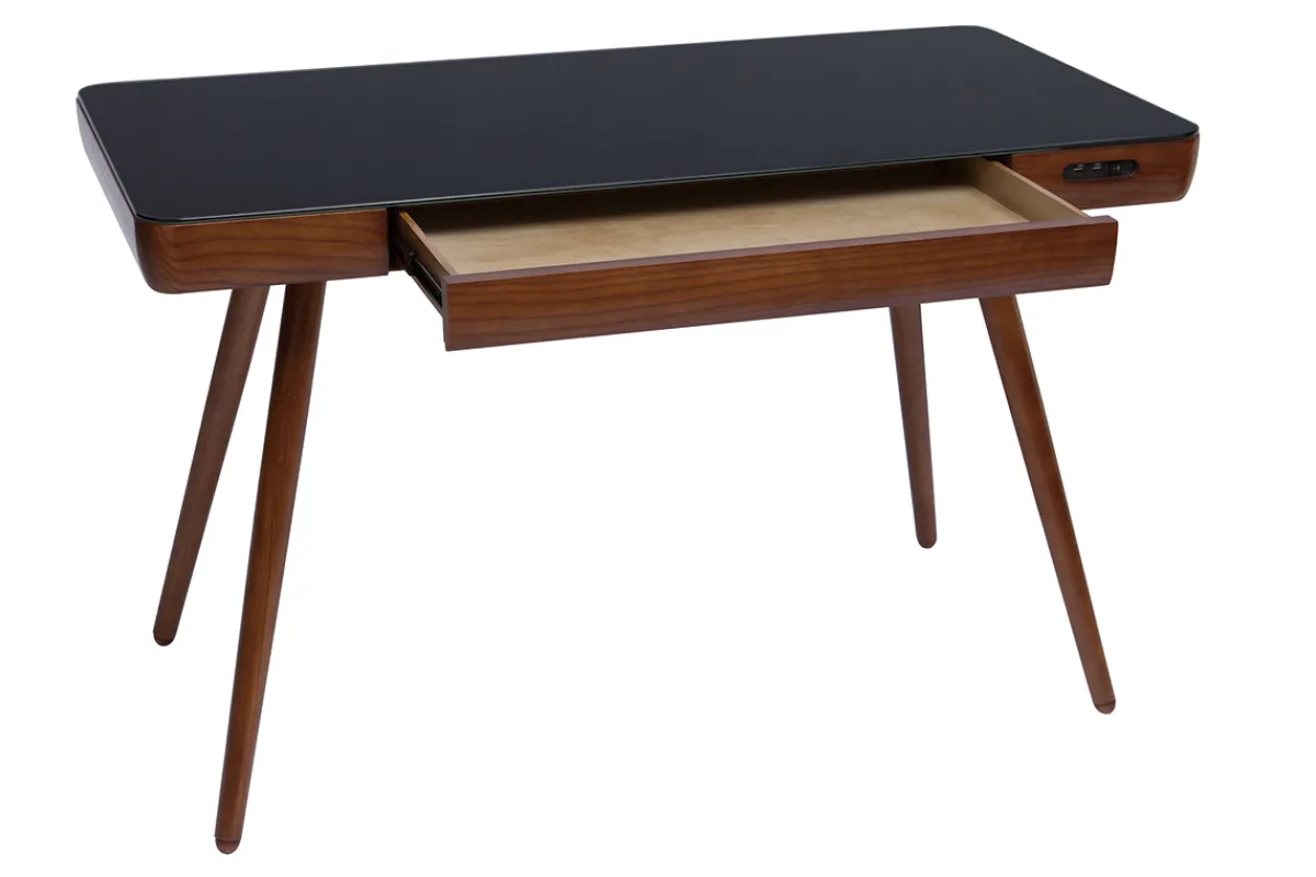 Miliboo Vernetzter Multimedia-Schreibtisch - weißes Glas und helles Holz CLEVER* Design-schreibtische