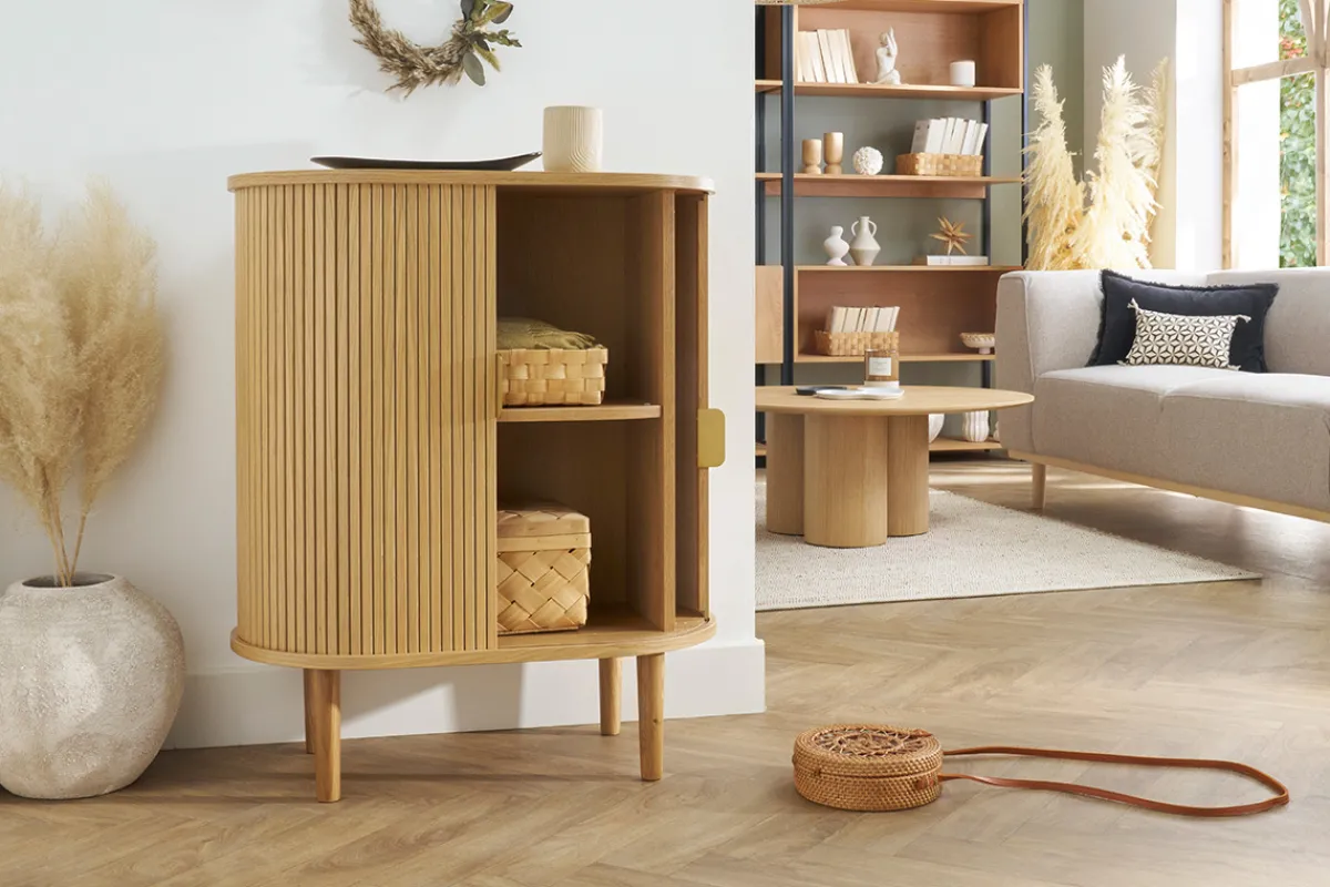 Miliboo Vintage-Sideboard mit Schiebetüren aus hellem Eichenfurnier B70 cm EPIC* Sideboards|Flurmöbel