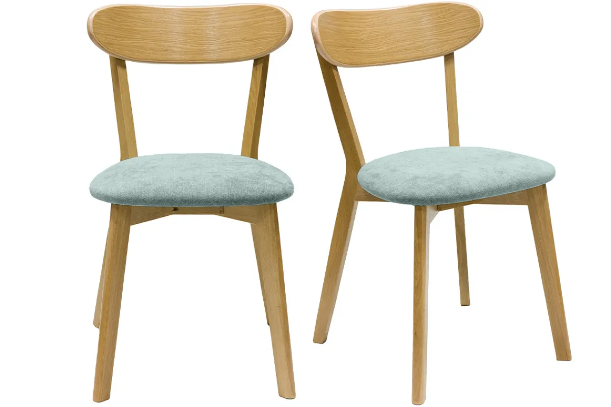 Miliboo Vintage-Stühle aus hellem Holz mit Eichenfurnier und Stoff mit strukturiertem Samteffekt in Seladongrün (2er-Set) DOVE* Design-stühle