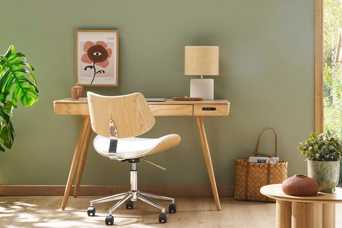 Miliboo Weißer Design-Bürostuhl mit Rollen, helles Holz mit Eichenfurnier und Metall MALMO* Bürostühle|Bürostuhl Zum Kleinen Preis