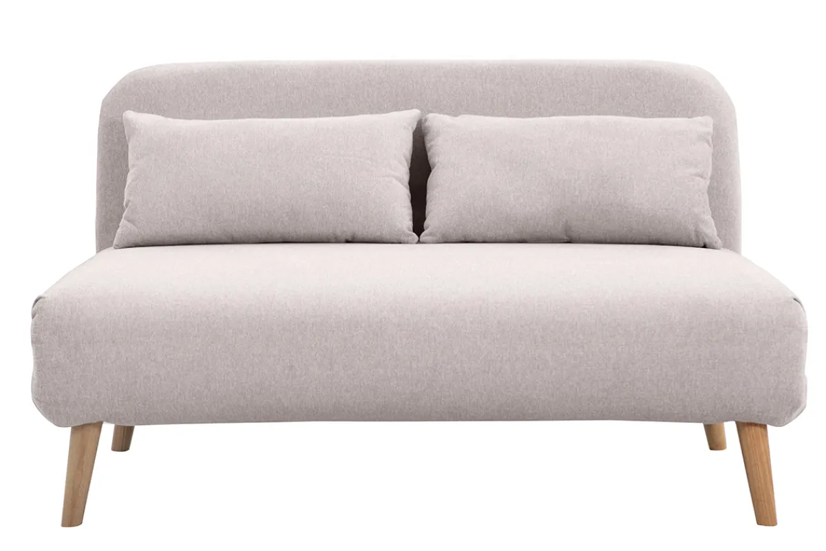 Miliboo Zweisitzer-Schlafsofa aus beigem Textur-Veloursstoff und hellem Holz AMIKO* Schlafsofas|Schlafsessel
