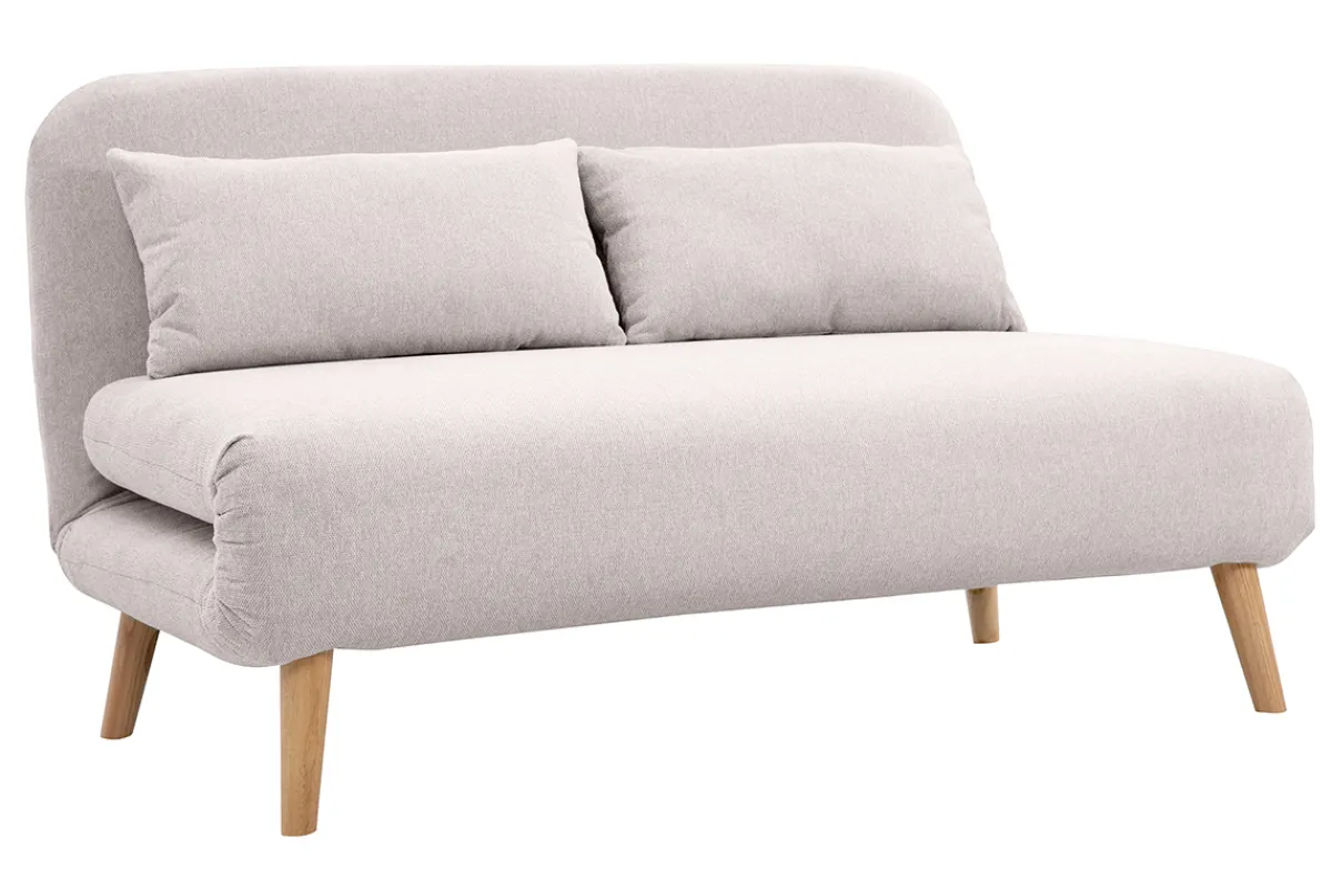 Miliboo Zweisitzer-Schlafsofa aus beigem Textur-Veloursstoff und hellem Holz AMIKO* Schlafsofas|Schlafsessel