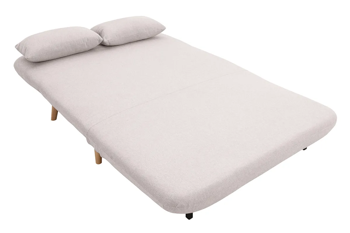 Miliboo Zweisitzer-Schlafsofa aus beigem Textur-Veloursstoff und hellem Holz AMIKO* Schlafsofas|Schlafsessel